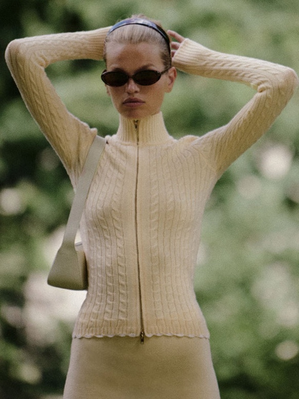 Frankies Bikinis Carter Cable Knit Zip-Up Sweater, Butter Yellow / Vanilla Sugar